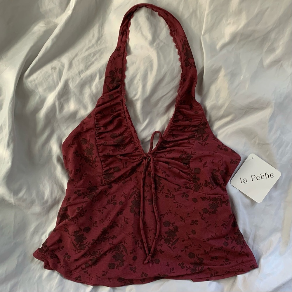 Y2K La Peche Burgundy Floral Halter Tank Top Vintage Style NWT